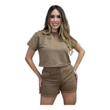 Conjunto Feminino Short E Blusa Manga Curta Tendencia