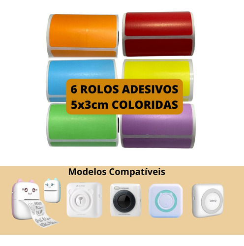 Etiqueta Adesiva Coloridas P/ Mini Impressora Gato - 6 Rolos