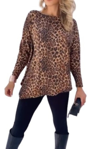 Blusas Femininas Inverno Oversized Animal Print Manga Longa 