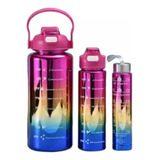 Set X 3 Termos Botella De Agua Motivacional Metalizados