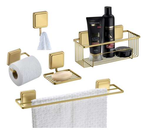 Kit Acessórios Para Banheiro 5 Peças Gancho Adesivo Dourado