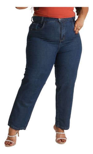 Calça Mom Jeans Plus Size Cintura Alta Lavagem Escura Moda