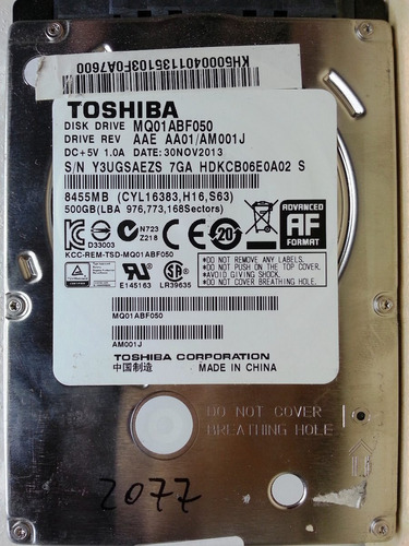 Disco Toshiba Mq01abf050 500gb Sata 2.5 - 2077 Recuperodatos