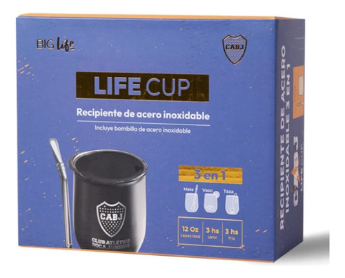 Mate Acero Inox Boca Juniors + Bombilla 3 En 1 Life Cup 