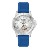 Reloj Bulova Marine Star Ladies Serie A 96l324 Correa Azul Bisel Plateado Fondo Plateado