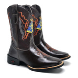 Bota Texana Masculina Couro Bordado Religioso Conforto