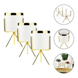 Kit 3 Vasinho P/ Suculenta Cerâmica Branco Dourado Decoração