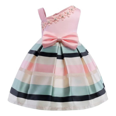 Vestido Niña Fiesta Elegante Asimétrico Con Moño Rosa Rayas 150 Cm