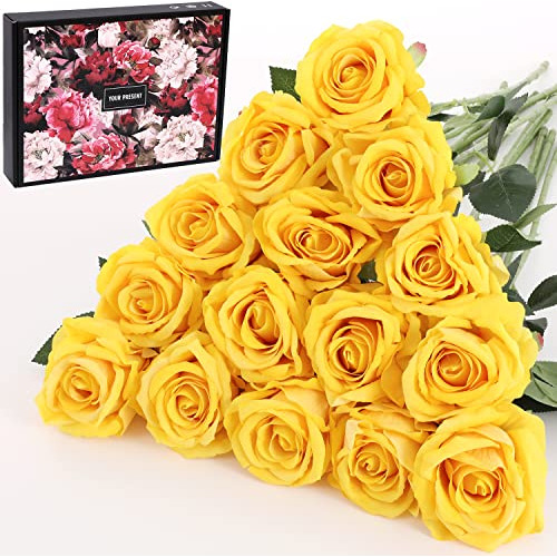 15 Pimpollos De Rosas Flores Artificiales Realista Amarillo