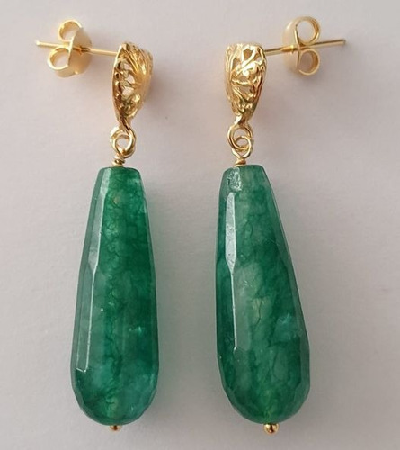 Aros Jade Verde Facetado Corazon Filigrana  Plata925 Oro18k