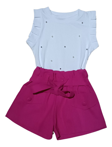 Conjunto Infantil Meninas Blusa Canelada E Shorts Linho