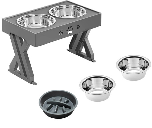 Comedero Bebedero Para Perros Altura Ajustable +  2 Platos Acero + Plato Dificultad - Color Gris