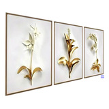 Quadros Decorativos Grande Sala Floral Gold 3 Peças