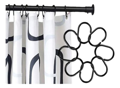 Set Kit Ganchos Argolla Cortina Baño Ducha 12und Pvc Negro