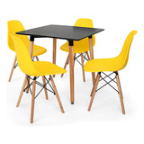 Mesa De Jantar Quadrada 80x80 Solo Preta + 04 Cadeiras Solo Cor Amarelo