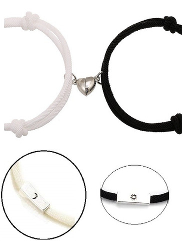 Pulseras Para Pareja Imán Corazón Blanco-negro Sol & Luna