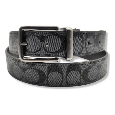 Cinturón Coach Reversible Doble Vista Unisex Beige Color Monogram Negro/ Hebilla Clasica Talla S (100cm) Geométrico