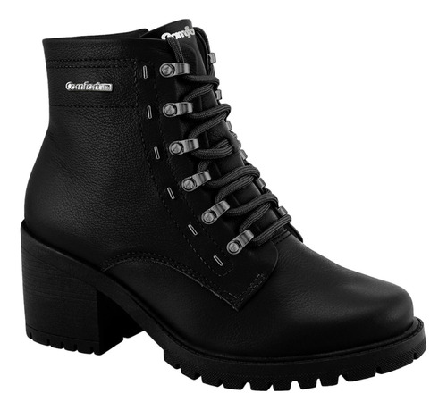 Bota Comfortflex Salto Grosso Alto Couro Cadarço Feminino