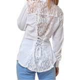 Camisa Social Feminina Manga Longa Slim Detalhe Renda M