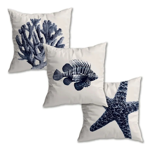 Kit 3 Capas De Almofada Veludo Nautica Azul Peixe + Coral | Parcelamento sem juros