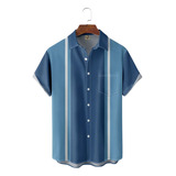 Camisa Hawaiana Unisex Con Estampado Azul A Rayas, Camisa De