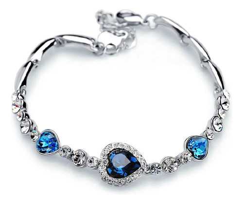 Pulseira Feminina Ouro Branco Cristal Azul Coração J3129