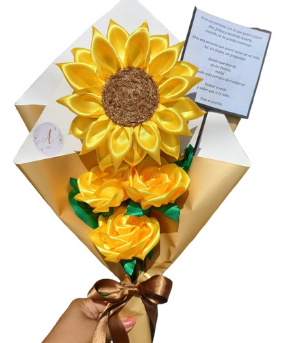  Ramo Eterno  3 Rosas  Y 1 Girasol Mensaje Personalizado