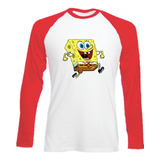 Camiseta  Bob Esponja Ranglan Manga Larga Rojo Camibuso