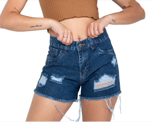 Short Jean Mom Mujer Rígido Tiro Alto Rotura Desflecado