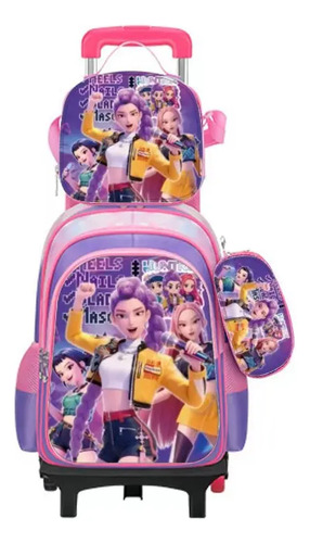 K-pop: Devil Hunter Korean Wave Girl Conjunto De 4 Piezas Con Mochila Con Ruedas, Bolsa De Almuerzo Y Estuche Para Lápices.