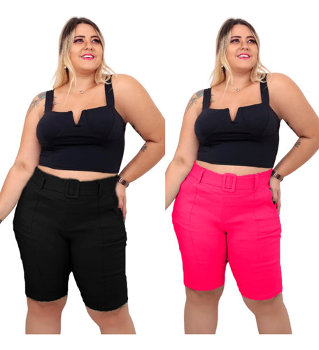 Kit 2 Bermuda Feminina Plus Size Tecido Modelador + Cinto 