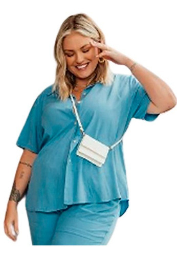 Camisa Feminina Plus Size Manga Curta, Viscose, Preto, Azul