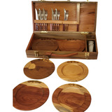  Set De Parrilla Caja De Madera Cubiertos Platos Y Vasos