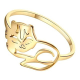 Anillo Gato Durmiendo Color Oro Acero Inoxidable Para Mujer