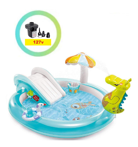 Piscina Playground Inflável Jacaré Esguicho + Bomba Elétrica Cor Azul - 110v