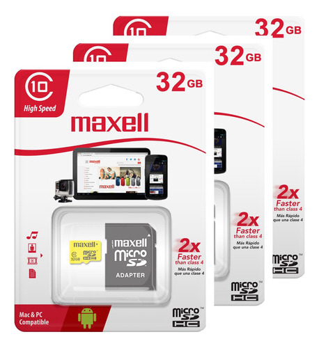 Pack X 3 Tarjetas Memoria Micro Sd 32gb 90mb/s Cl 10 Maxell