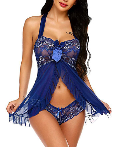 Conjunto Sexy De Camisola De Encaje Con Cuello Abotonado Y P