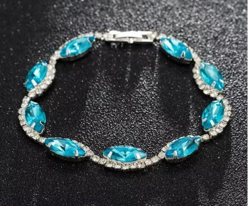 Delicada Pulseira Prateada Strass Azul Festa Madrinha Luxo