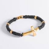 Pulsera 21cm Con Cruz Bañado En Oro 18k Y Cordón Negro