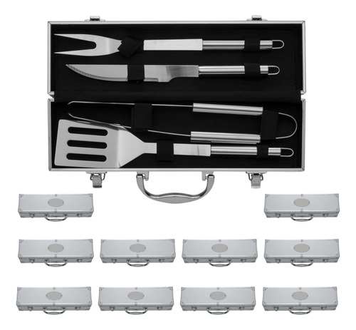 10 Kits Churrasco 4 Peças Inox - Maleta