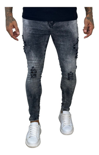 Calça Preta Masculina Rasgada No Joelho Jeans Com Lycra