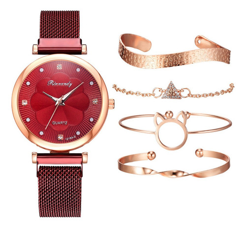 Reloj De Mujer Con Hebilla Magnética Y 4 Pulseras De Lujo.