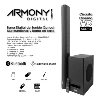 Barra de Sonido Profesional Envolvente Steelpro Bluetooth Teatro en casa Para TV 6 vias Subwoofer 6.5 \u002F 2.1 canales \u002F HDMI ARC\u002F RMS 380W fidelidad y potencia | Meses sin interés