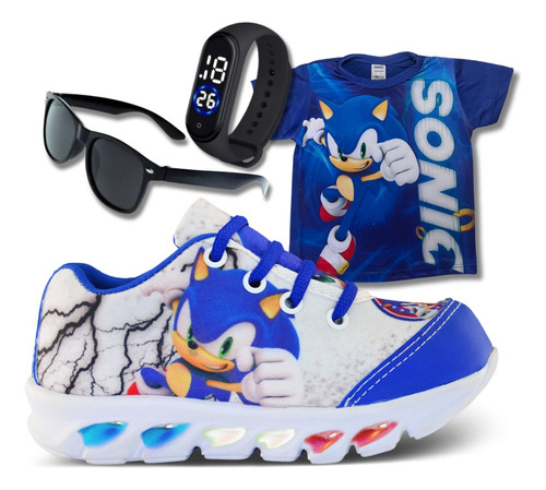 Tênis De Led Infantil Sonic + Camisa + Relogio + Oculos