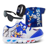 Tênis De Led Infantil Sonic + Camisa + Relogio + Oculos