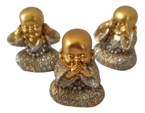 Trio Mini Budas Sabedoria Meditação Hindu Dourado Com Brilho
