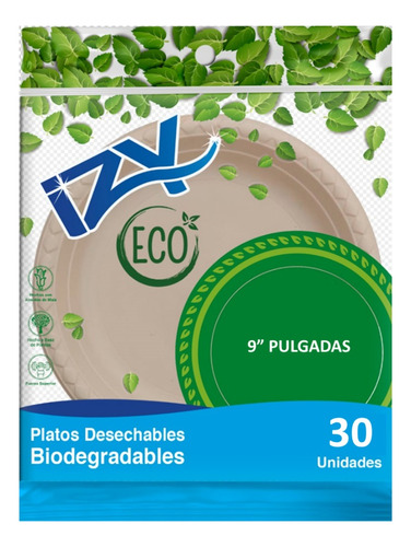Platos Desechables Biodegradables 9pulgadas Izyeco 30 Unid