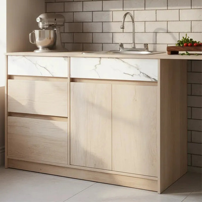 Mueble De Cocina Con Tarja Decomobil Gabinete Inferior Encino Polar - Mármol Blanco