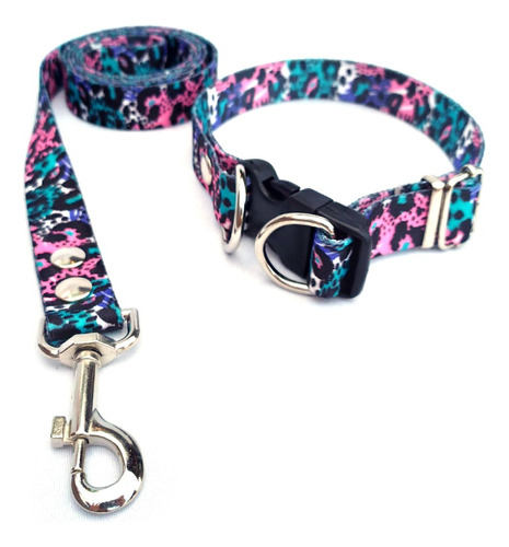 Conj. 2,5cm Collar Regulable + Correa + Chapita Para Perros