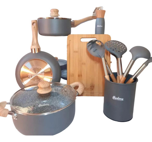 Batería Hudson Granito Gris Juego Set Utensilios Ceramica 